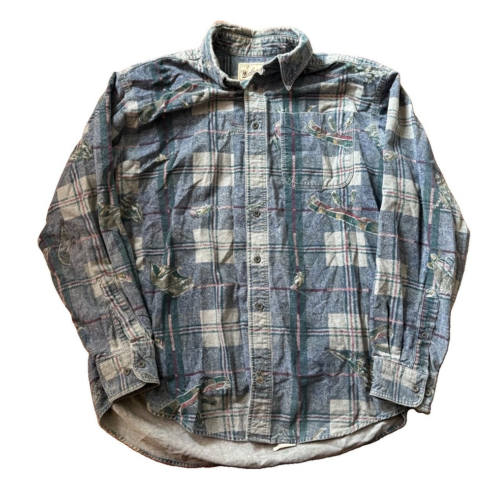 Vintage 90s Woolrich Fishing Canoe Flannel Shirt Jacket Blue Plaid Mens L USA